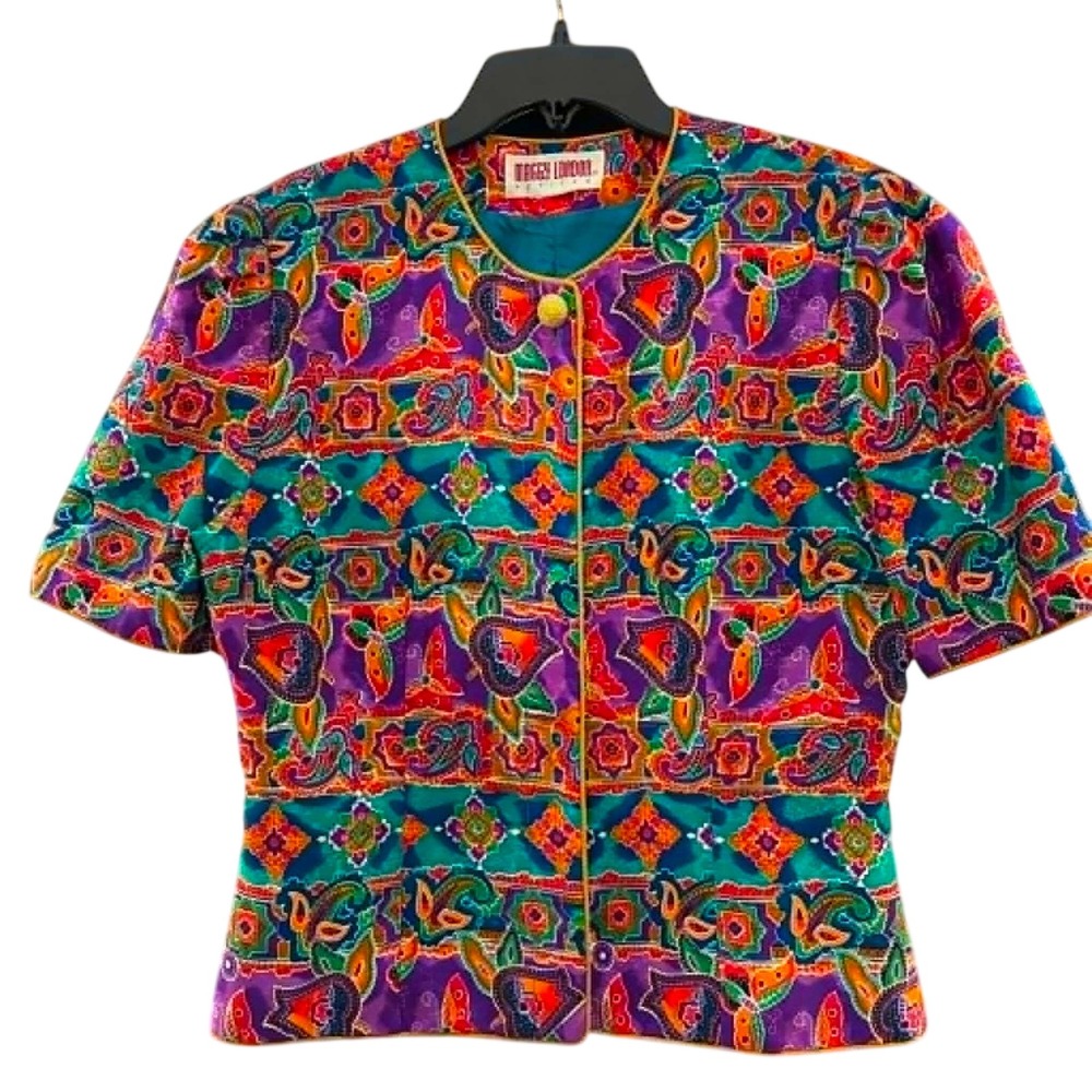Maggy London Blazer Womens Petite Multicolor Paisley Short Sleeve Vintage Boho